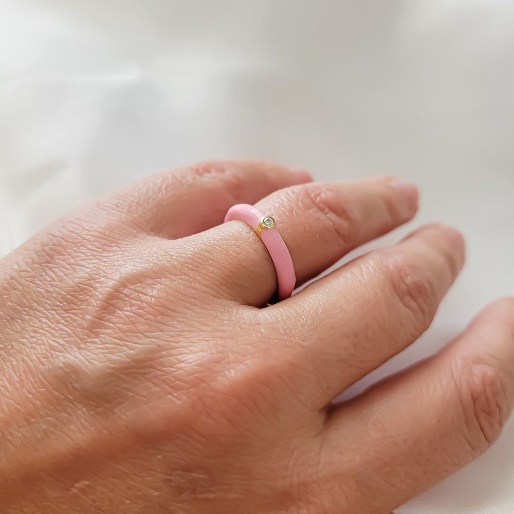 5/$25 Gold and Pink Enamel Statement Ring Rhinestone Minimalist Ring